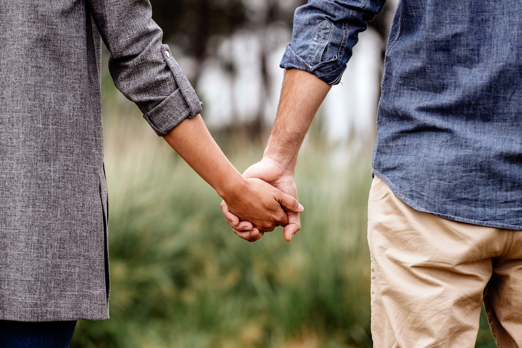 Crop back view of sweet couple in casual clothing holding hands in forest on blurred background